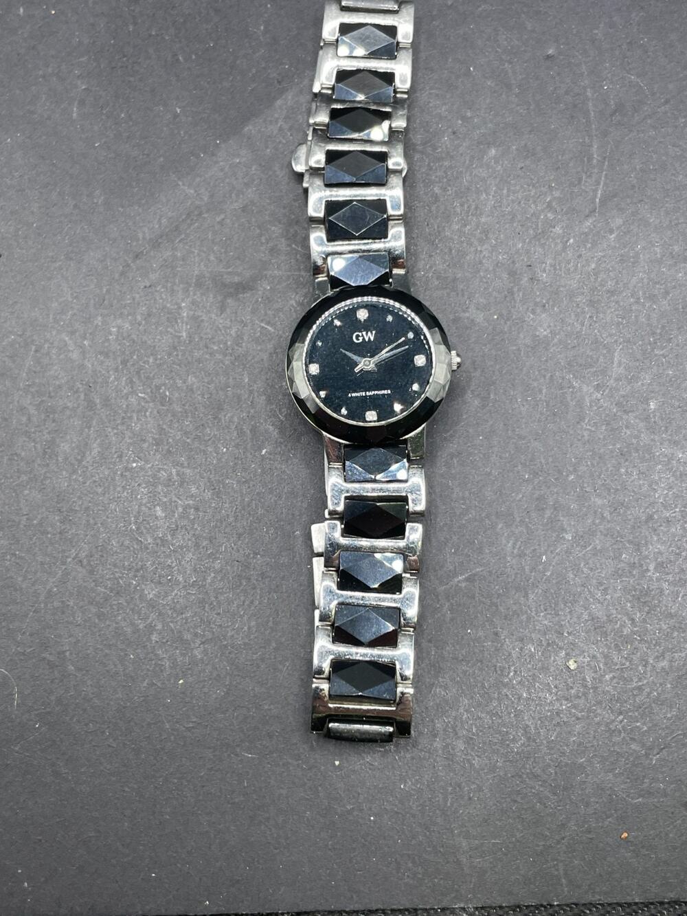 Vtg GW Quartz Watch 4 White Sapphire Black Dial Stainless Steel Band 23mm